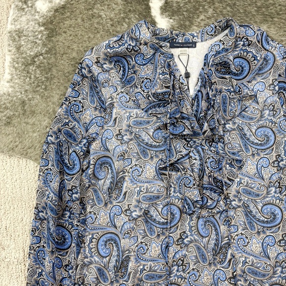 NWT Tommy Hilfiger Paisley Tie Front Ruffle Blouse XS - Picture 2 of 10